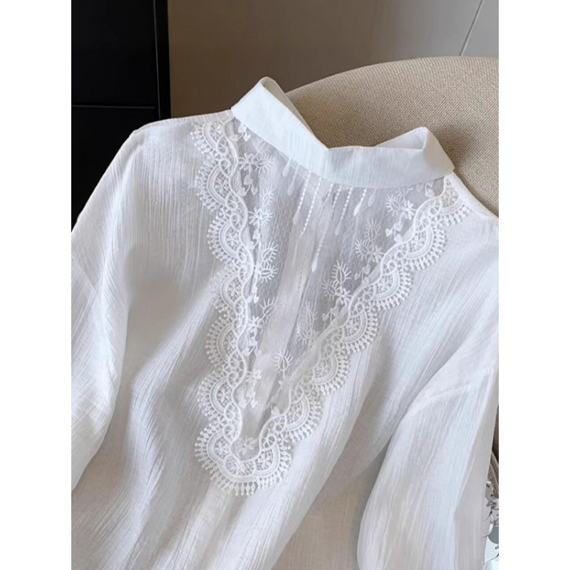 French-Style Lace Backless White Sun-Protective Shirt for Women, Summer Thin Ice Silk Slightly Sheer Blouse for Petite Figures