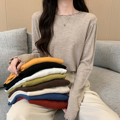 木耳边长袖t恤女2025新款早春设计感小众显瘦打底衫内搭针织上衣