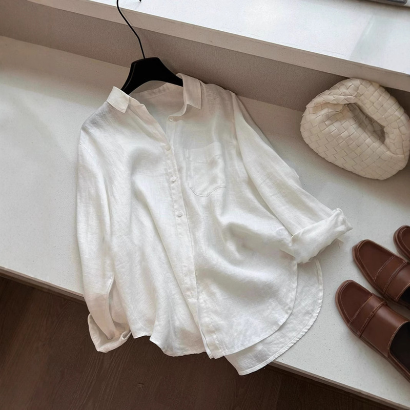 White Light Sunscreen Shirt Women's Summer Shirt Tencel Blouse Loose Lazy Relaxation Cotton Linen Top