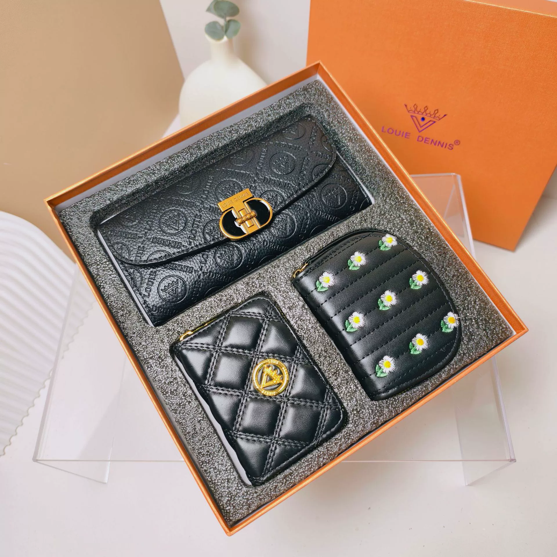 Set, gift box, wallet, card holder, 3 piece set