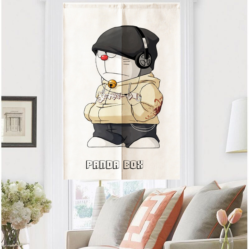 Cartoon cotton and linen door curtain machine washable partition punch-free fabric hanging curtain Doraemon blue fat household bedroom door curtain