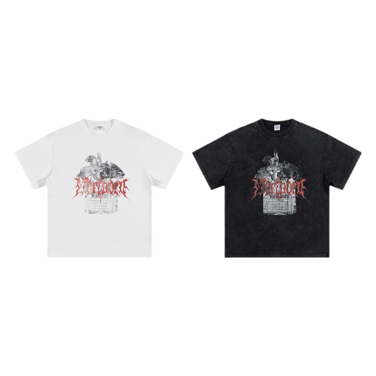 Impresora de marcas| 2025 verano americano marca de moda retro inyección directa Marlboro concha de humo de algodón pesado camiseta para hombres y mujeres