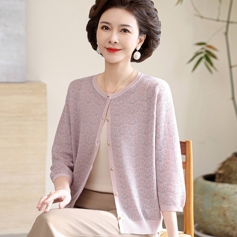 Middle-Aged Mom's Knitted Cardigan Jacket for Women, 2026 New Summer Thin Style, Three-Quarter Sleeve T-Shirt Top