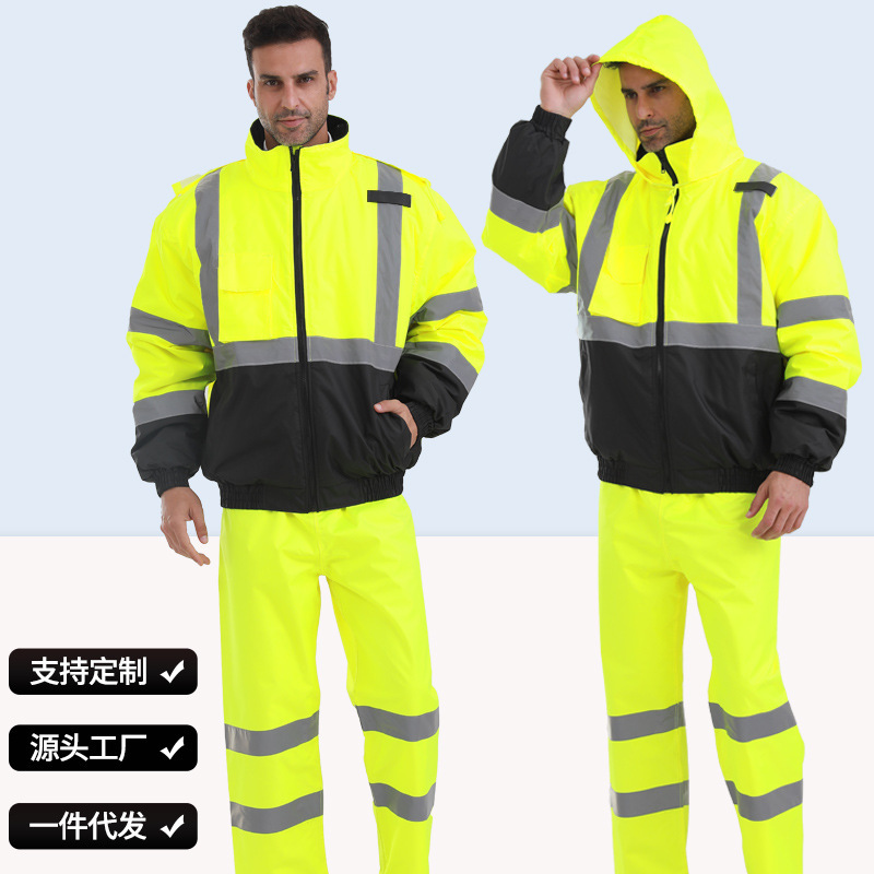 Add cotton one raincoat rain pants wholesale foreign trade traffic duty highway high-speed cold-proof thick warm reflective raincoat