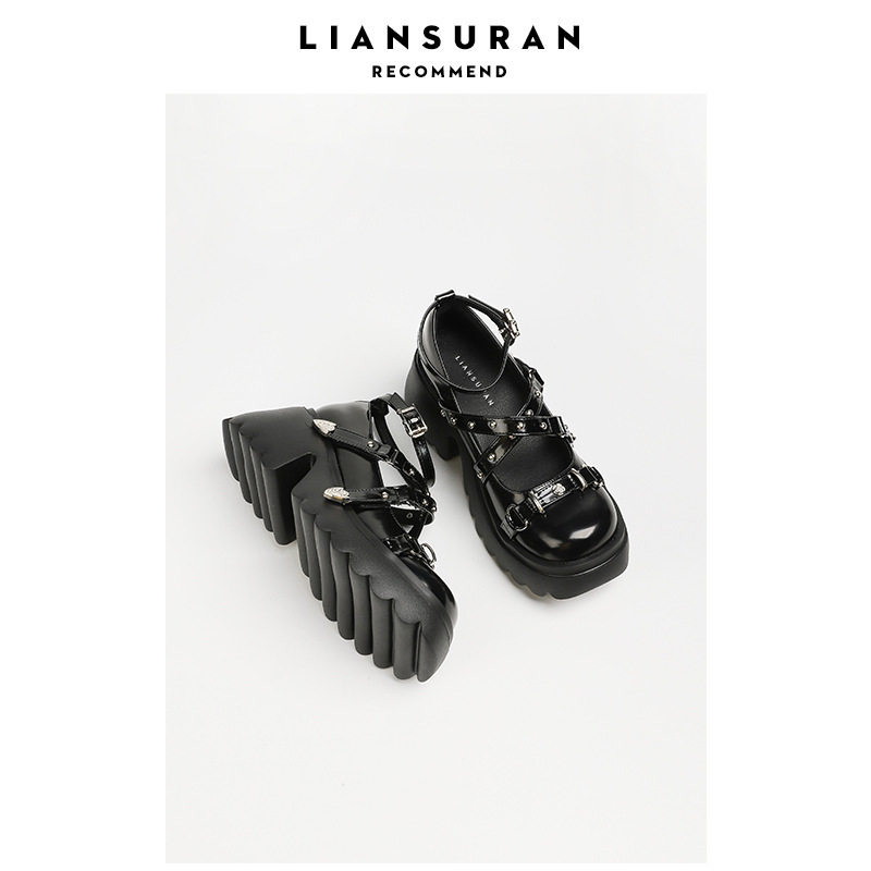 2025 New Sweet and Cool Spicy Girl Cross Dark Style Mary Jane Black Jk Shoes Thick-Soled Chunky Heel Shallow Single Shoes Women's Shoes