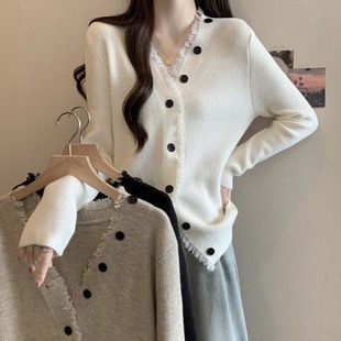 Fall/Winter 2024 chubby girl Personalized Single-breasted V-neck Shoulder Sleeve Knitted Sweater Women's plus size All-match Slim Top