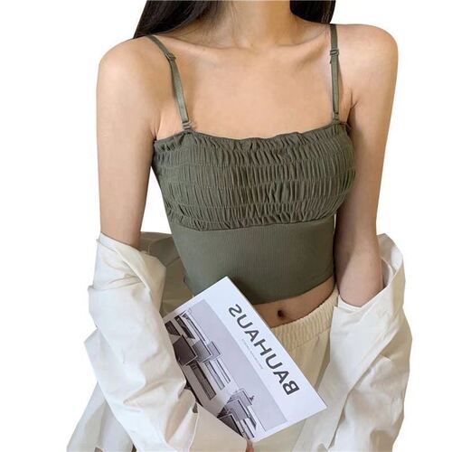 Beautiful back lace suspender bra wrapped around the chest to wear Korean style fungus lace pleated sexy bottoming with breast pads tube top for women
