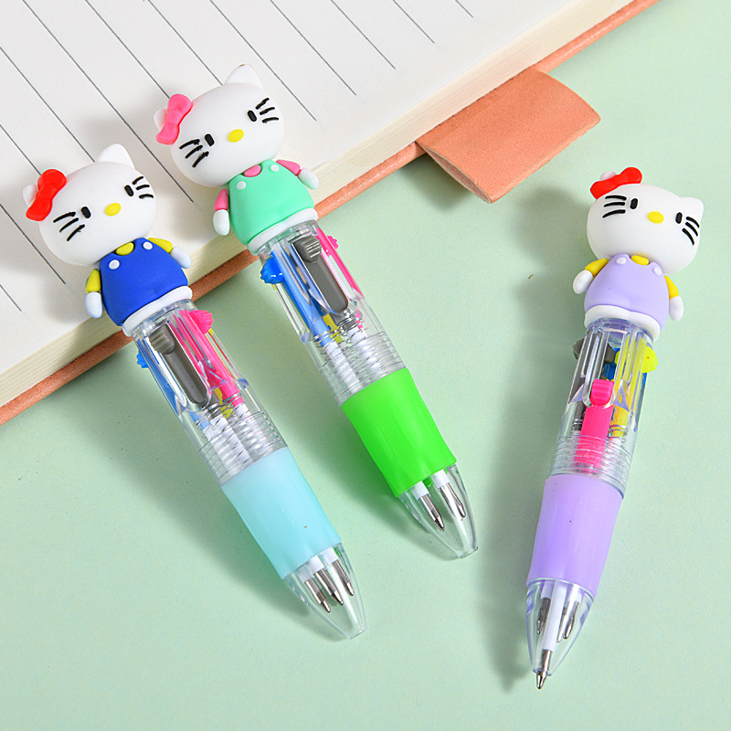 Caricatura lindo KT gato mini bolígrafo de cuatro colores multicolor en uno bolígrafo de cuentas de mano de color para estudiantes premios papelería al por mayor