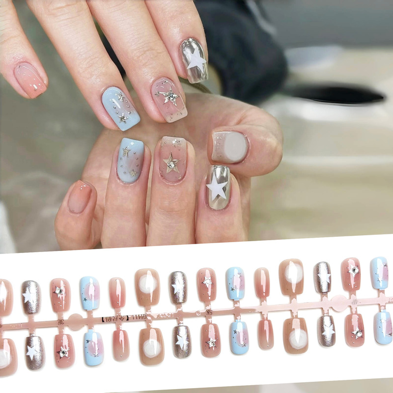 Ins Niche Korean Summer Whitening Atmosphere Cute Wearable Nails Versatile Baby Blue Star Nail Art Patch