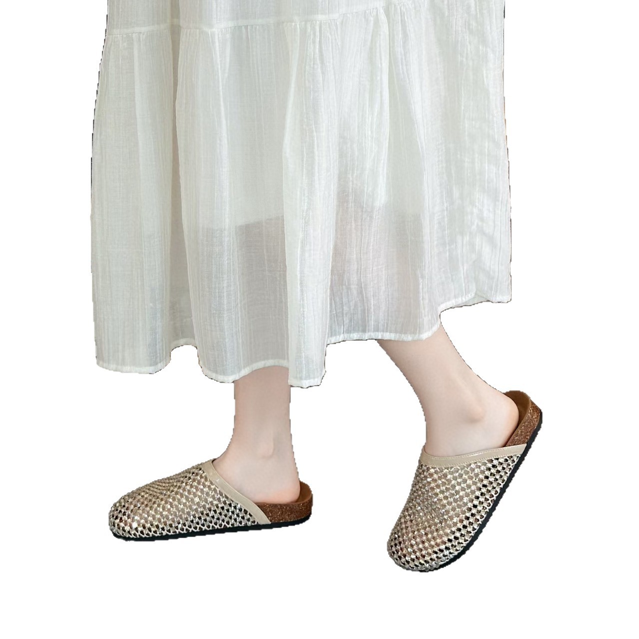 Sandal nữ mũi nhọn đính đá lưới thoáng khí da thật phong cách châu Âu — vàng