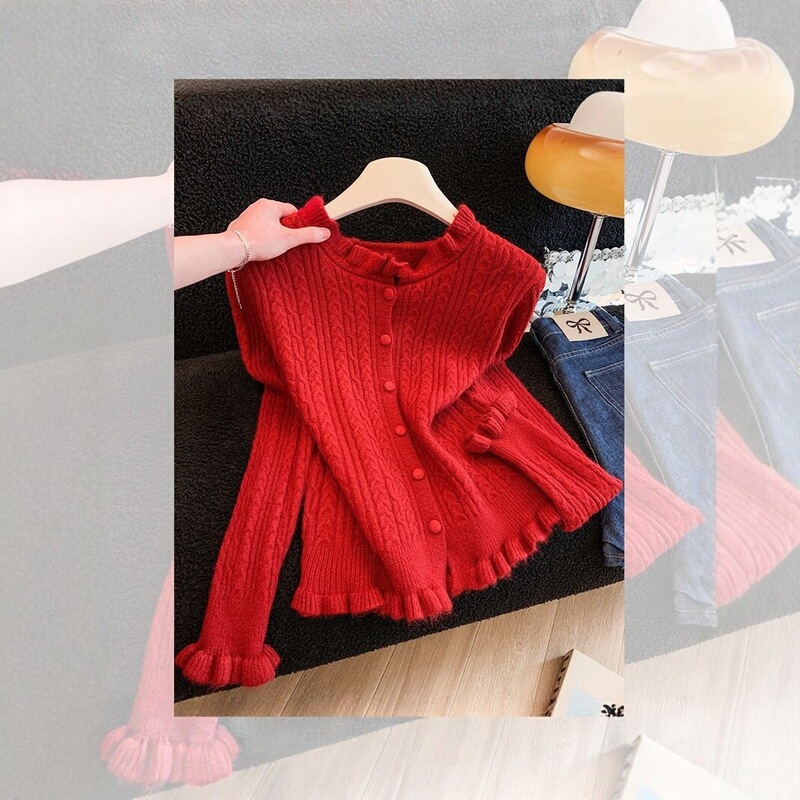 French-style gentle ruffle-trimmed sweater cardigan for women, autumn and winter, New Year red knitted coat, early autumn 2026