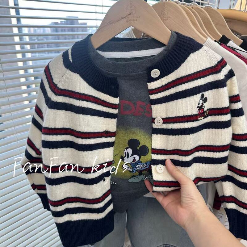 2025 Autumn Children's New Contrast Color Striped Sweater Men's and Women's Baby Retro Mickey Mouse Embroidered Sweater Jacket
