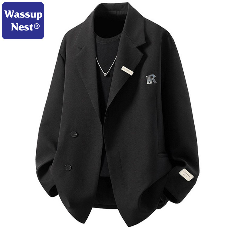 Wassup Letter Printed Pure Color Suit Jacket Men's Spring and Autum High-End Loose Silhouette Right Shoulder Suit