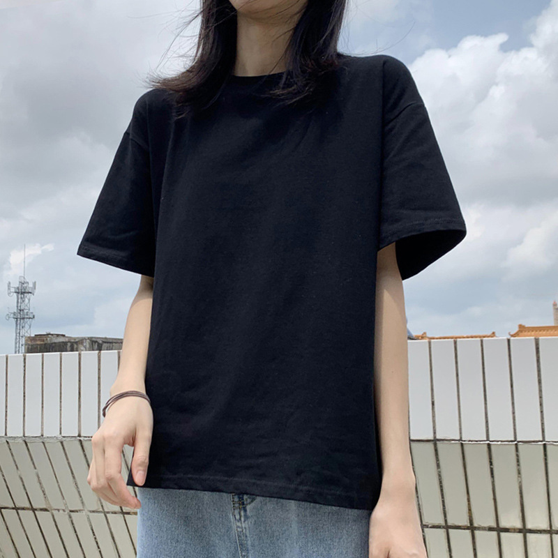 Black Short-sleeved Solid Color T-shirt Women's 2024 Spring and Summer New Korean Loose All-match Base Shirt Top Ins Trendy Black Short-sleeved Solid Color T-shirt Women's 2024 Spring and Summer New Korean Loose All-match Base Shirt Top Ins Trendy