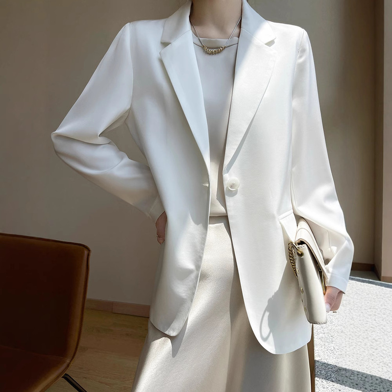 Acetic Acid White Suit Jacket Women's High-end Temperament Casual Thin Spring and Summer Silk Satin Black True Small Suit Silkworm