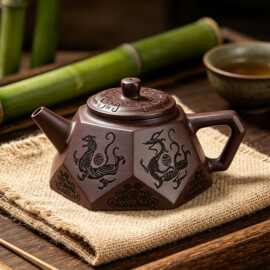 宜兴紫砂壶纯手工刻绘原矿紫泥石红功夫茶壶精礼品泡茶壶茶具批发