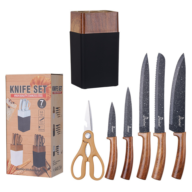 Comercio exterior europeo y americano en stock Yangjiang traje de cuchillo mango de grano de madera 6 piezas cuchillo de cocina conjunto cuchillo con soporte de cuchillo