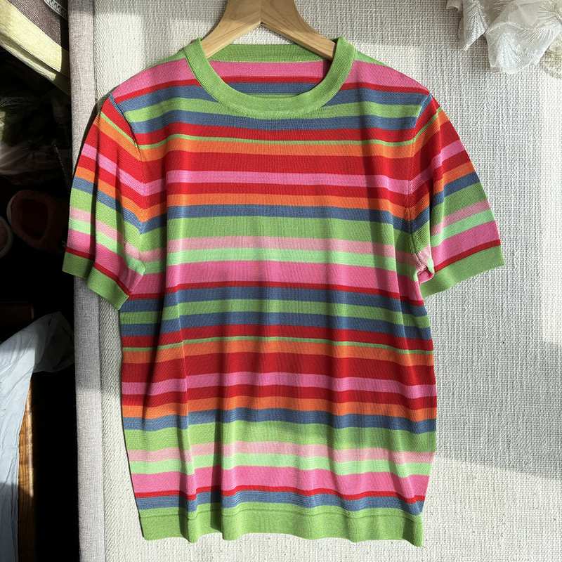 Happy Dopamine 92% Tencel 8% Silk Colorful Stripesd Round Neck Knitwear Summer Work Clothing Ice Silk Short-sleeved T-shirt