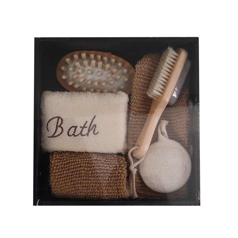 Traje de baño de seis piezas guantes de yute frotando barro tira hacia atrás regalo baño caja de regalo Loofah rebanadas traje de baño image 6