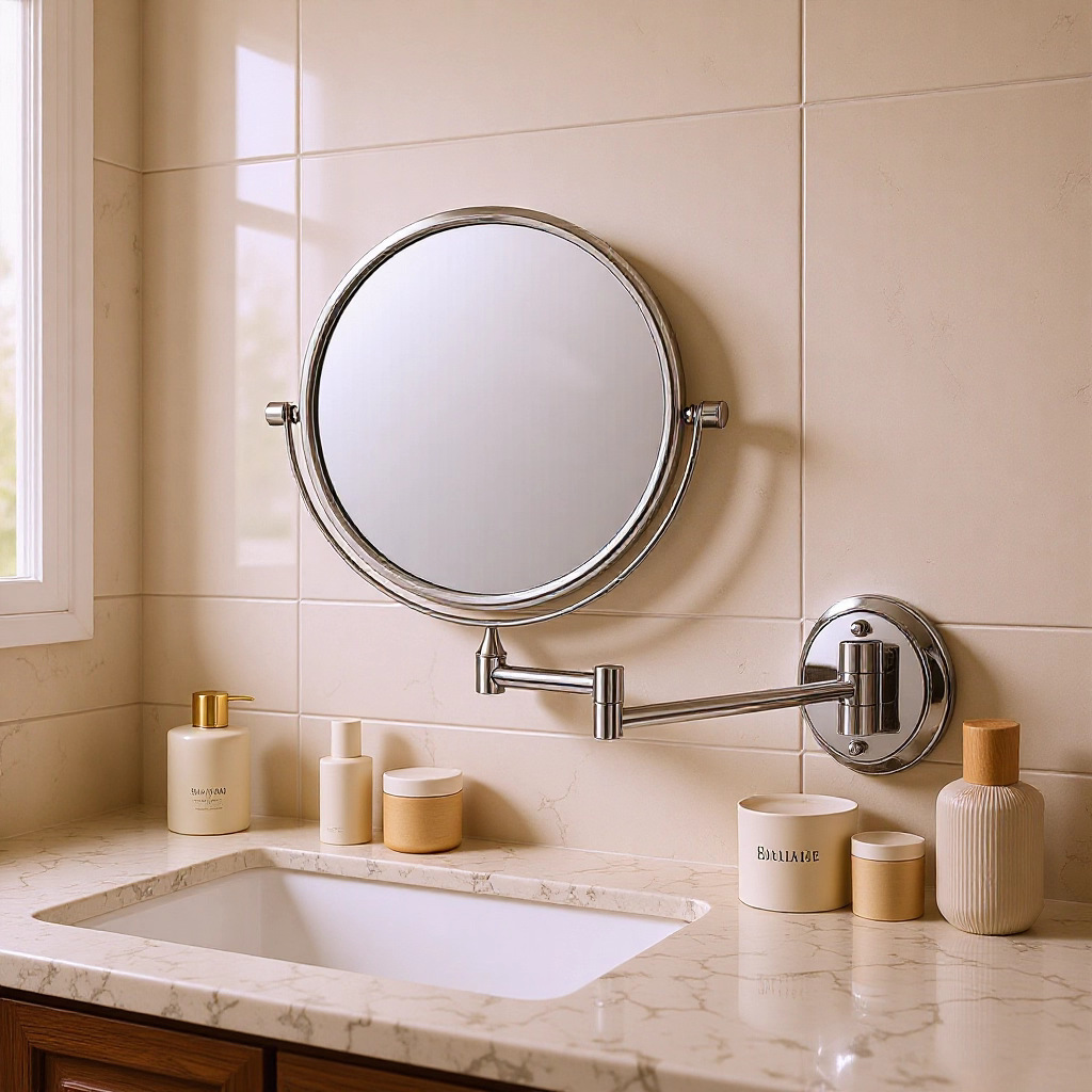 Space Aluminum Makeup Mirror, No-Drill Hotel Bathroom Wall-Mounted Beauty Mirror, Extendable and Foldable Bathroom Mirror