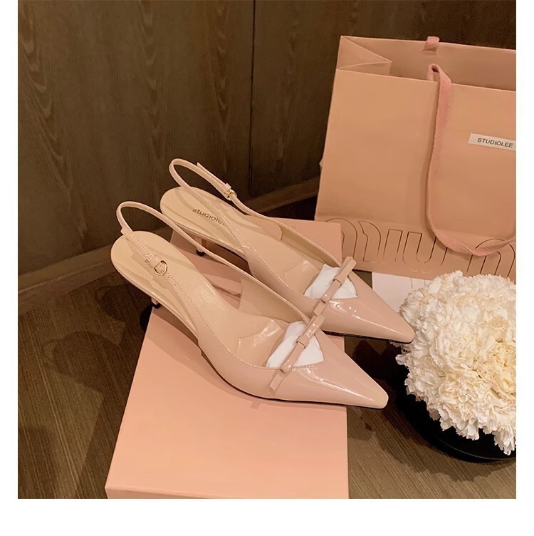 Grape Mom Same Miss Liz ~ Elegant Small Pointed One Character Bow Leather Rear Empty Stiletto Heel Women