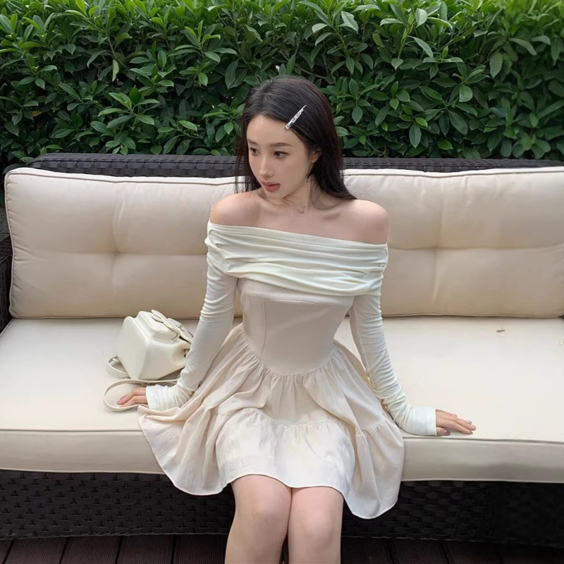 Hepburn-Style Black Off-Shoulder Long-Sleeve Dress for Women, Autumn and Spring 2026 New Model, Waist-Cinching, Slimming, Mature Lady Style Dress Hepburn-Style Black Off-Shoulder Long-Sleeve Dress for Women, Autumn and Spring 2026 New Model, Waist-Cinching, Slimming, Mature Lady Style Dress