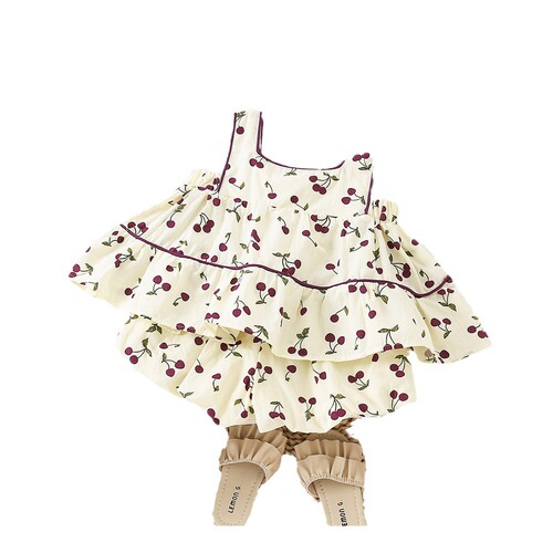 Korean Children's Summer  New Sweet Cherry Floral Pattern Little Girl Tank Top and Bunch Shorts Set Trendy