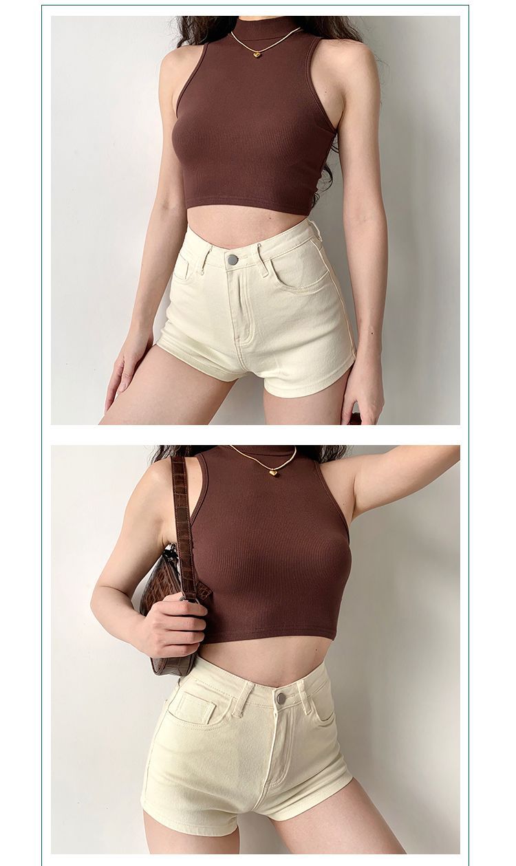 84g Weight Short Sleeve Sleeve Length Polyester Fabric Type Short Top Length Wrap Crop Top Tops Type Holiday Occasion High Neck Neckline Slim Fit Type Solid Color Pattern Summer, Autumn Season Women's Gender Casual Style Wholesale Women's Casual Solid Color Short Sleeve Tank Tops 无