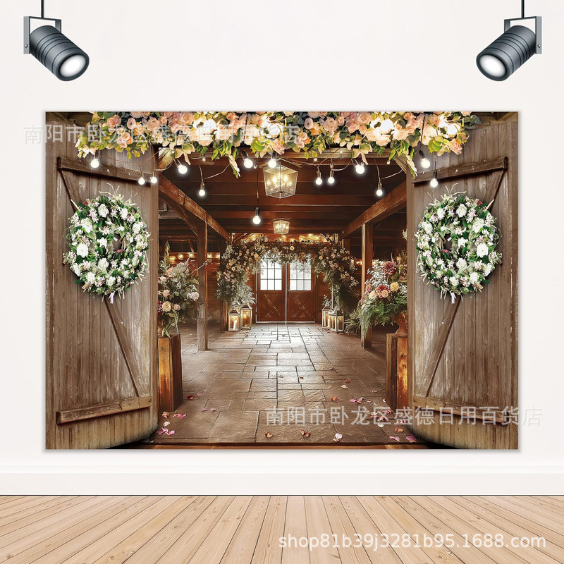 Western Barn Door Bridal Shower Backdrop Banner Foreign Trade Retro Rustic Farmhouse White Rose Wedding Photography Background