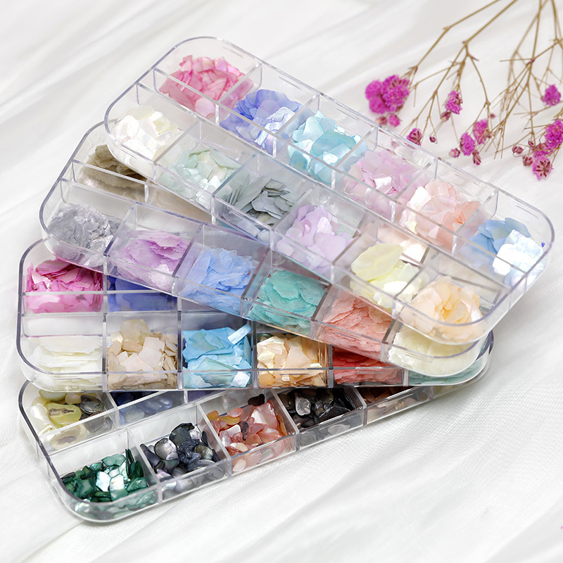 Cross-border long 12-grid boxed large piece magic color shell piece nail jewelry suit irregular ultra-thin mica piece