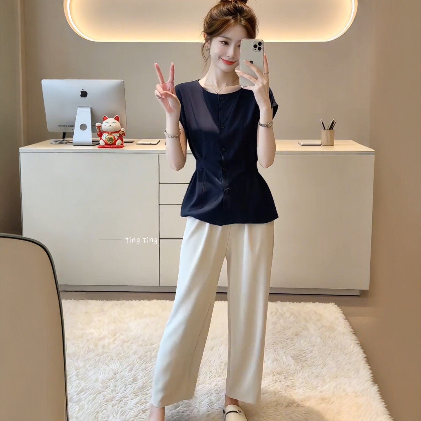 Áo sơ mi nữ linen tay ngắn thắt eo, kiểu dáng công sở mùa hè — Xanh lông mòng đen chi tiết 2