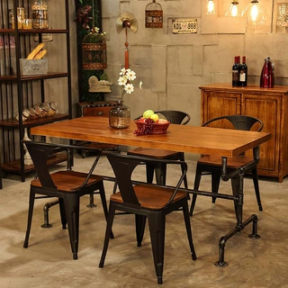 美式实木铁艺复古loft酒馆酒吧桌子工业风水管餐厅创意仿古餐桌椅