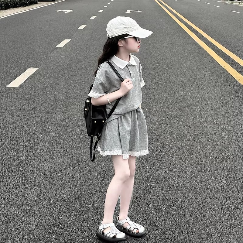 180-count 6535 stretch fabric, stylish and casual polo shirt and shorts, Korean style sports two-piece set for girls.