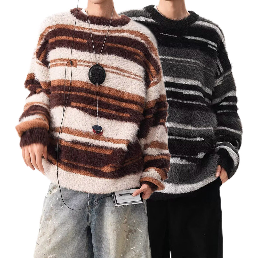 Explosiones transfronterizas de tamaño europeo de tamaño grande jersey de punto a rayas suéter de hombre suave peludo ceroso otoño invierno fábrica de marea al por mayor