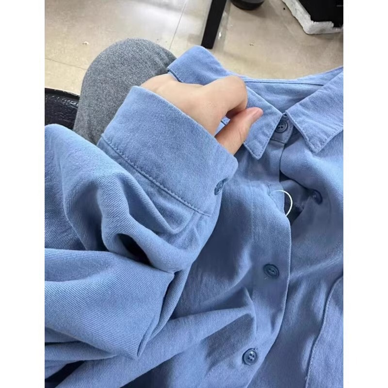 Giant White Pure Cotton Blue Shirt Spring Autumn Winter Inner Base Stacked Shirt Long Sleeve Top Women's Solid Color Thin Jacket