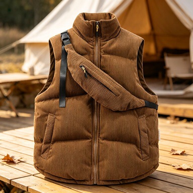 2025 Autumn and Winter New Corduroy Stand-Collar Cotton Vest with Shoulder Bag, Fashionable Sleeveless Jacket, Men's Cotton Vest