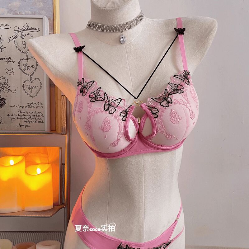 Pure Desire Girl Style Pink Embroidered Butterfly Bra with Underwire Support for Small Breasts, Push-Up and Thickened Breast Revealing Underwear Set Pure Desire Girl Style Pink Embroidered Butterfly Bra with Underwire Support for Small Breasts, Push-Up and Thickened Breast Revealing Underwear Set
