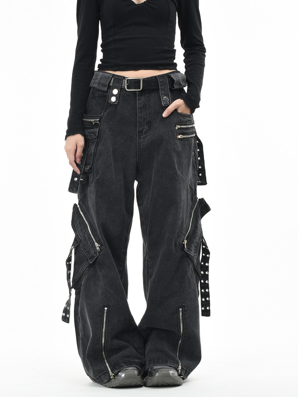 2025 American Subculture Multi-Pocket Zipper Cargo Jeans for Men and Women Loose Bf Floor-Length Pants Cool Style