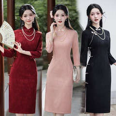 黑色红色国风中式苏州秋季长袖旗袍改良年轻款女复古修身收腰春秋