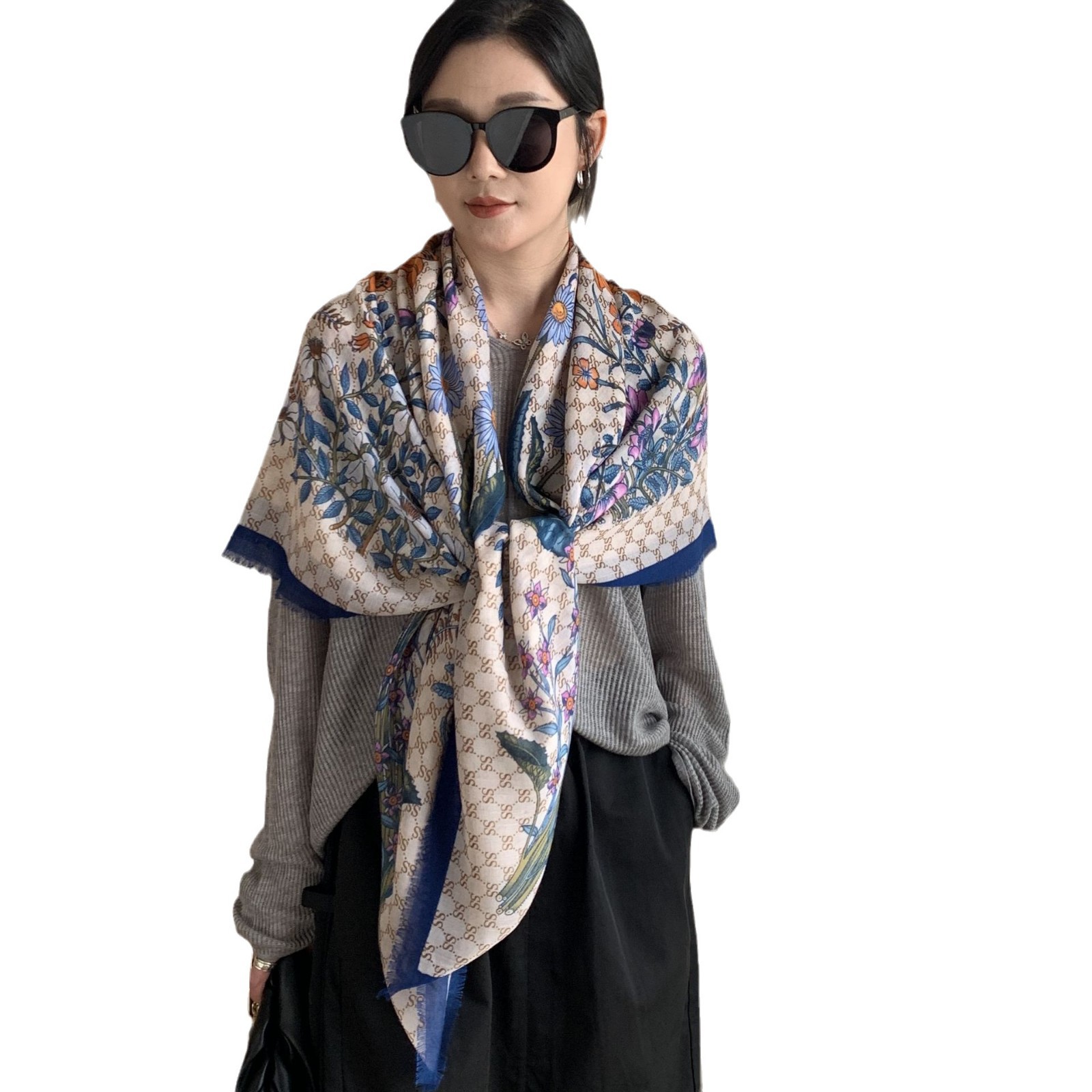 Otoño delgado temperamento de moda floral hoja floral algodón sensación toallas cuadradas coreanas con un chal para mujeres