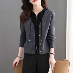 短款连帽毛衣外套女秋冬2025新款韩版针织衫开衫假两件拼接上衣潮