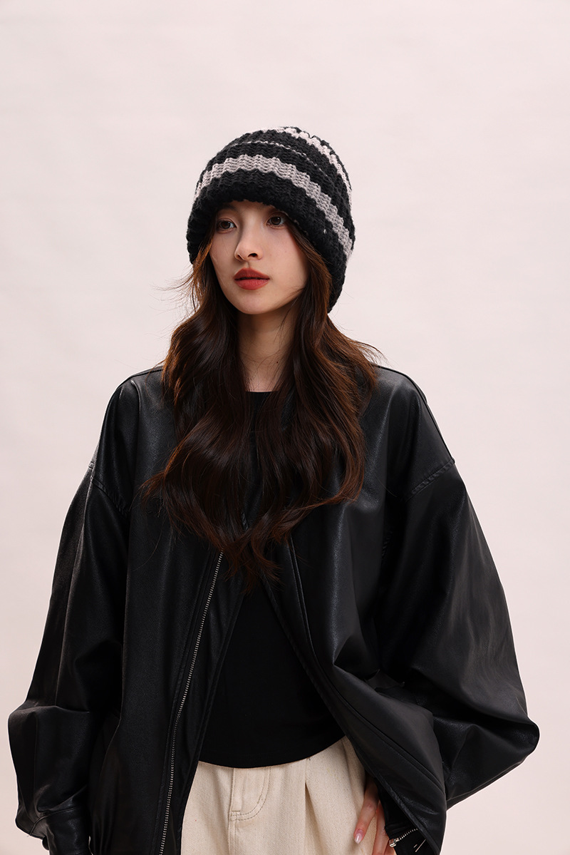 Cappello a sacco con viso a righe grande circonferenza della testa cappello di lana per le donne in autunno e inverno, viso piccolo, caldo lavorato a maglia freddo_voghion.com
