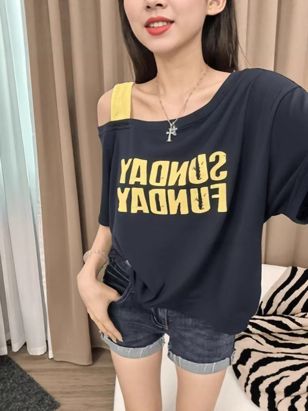 2025夏 オフショルダーサスペンダー コントラストレターカジュアルプリント半袖Tシャツ おしゃれ ゆったり 着痩せ 万能韓国版|undefined