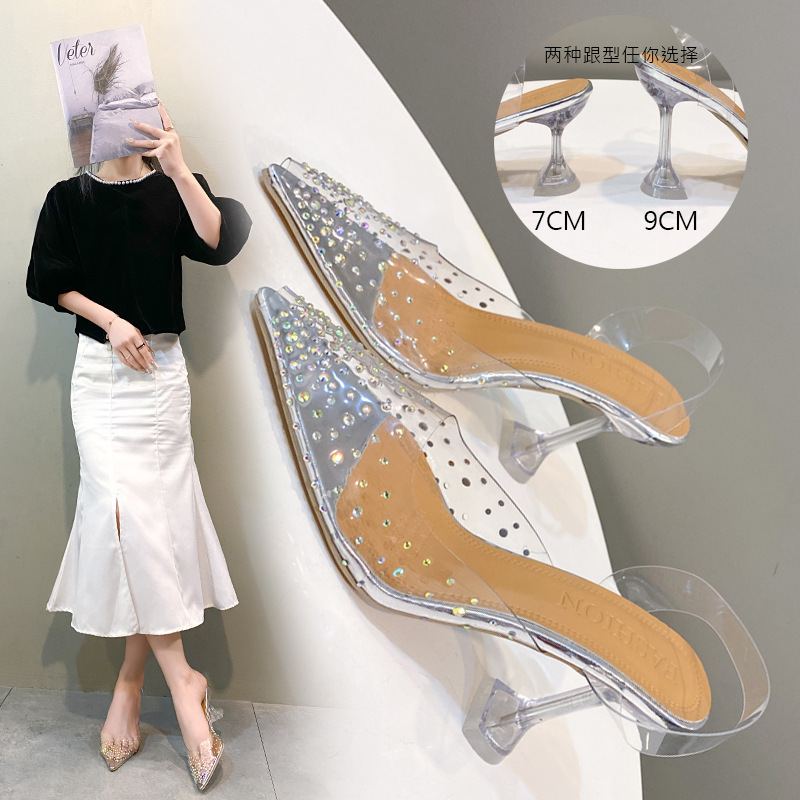 European and American Plus Size Transparent High Heeled Sandals for Women's Summer Outer Wear High Heeled One-Shoes with Rhinestone Fish-mouth Thin High Heeled Crystal Shoes