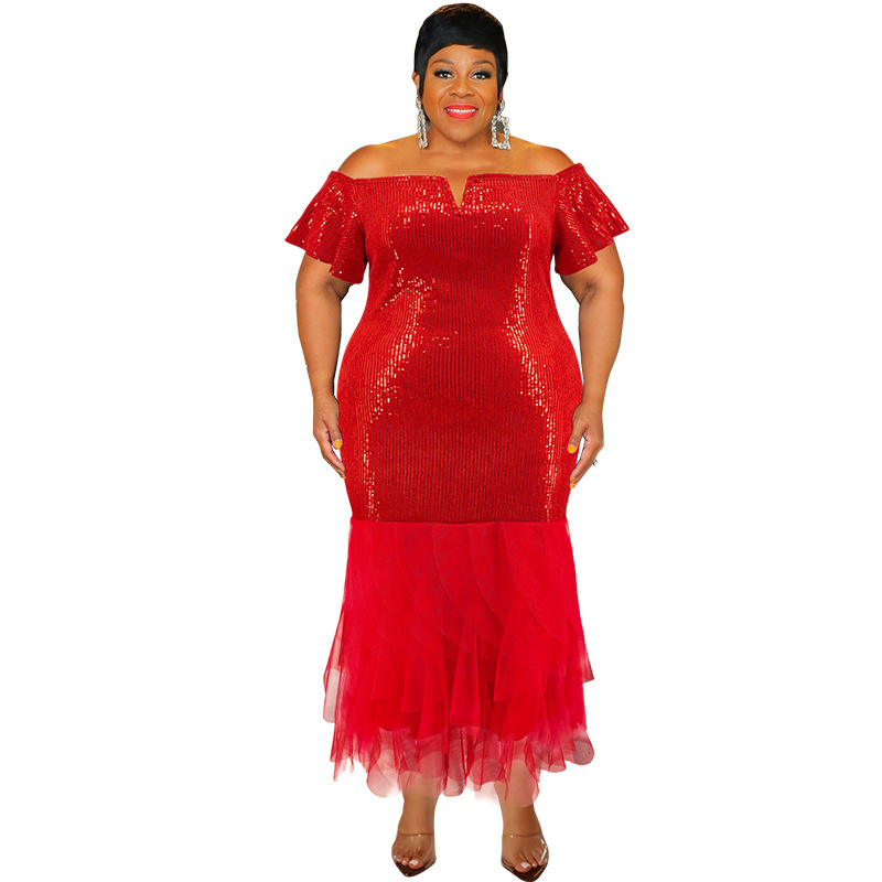Plus Size Elegant Evening Dress With Sequin Mesh Insert, Red Long Sleeveless Dress For Special Occasions_voghion.com