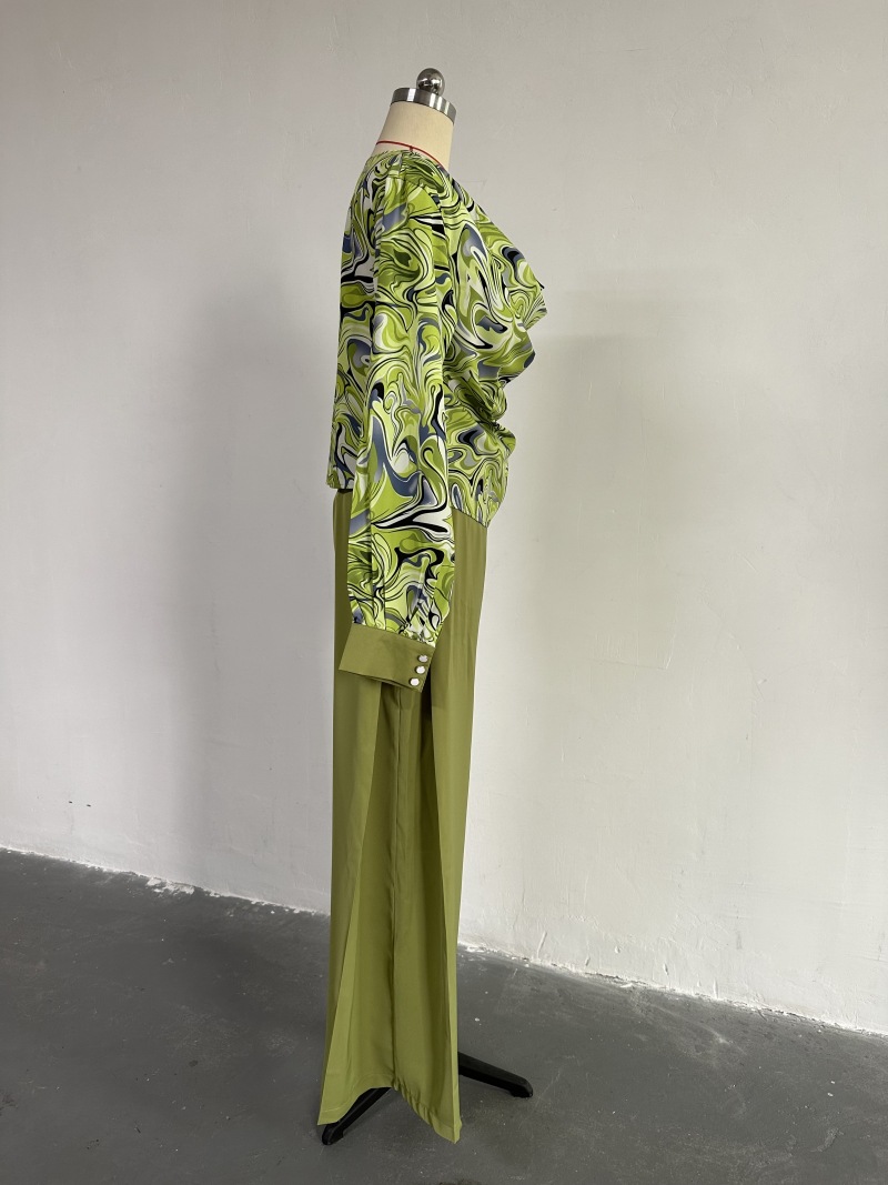 Women Clothing Spring Print Lantern Sleeve Shirt Wide Leg Work Pant Casual Suit