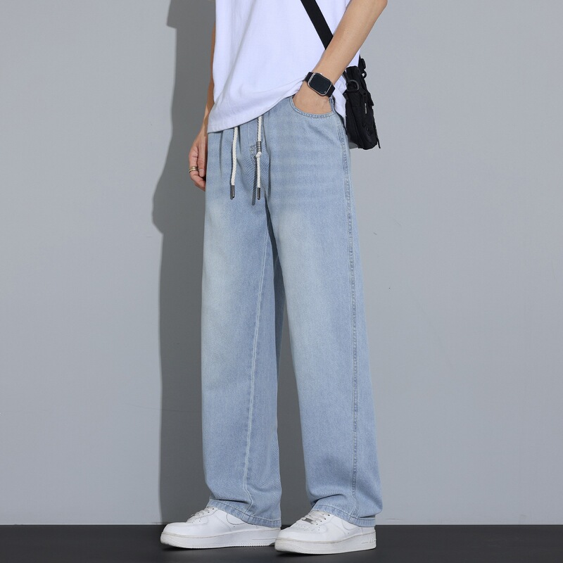 High-End Straight-Leg Thin Jeans, American-Style Casual Pants for Men, Light-Colored Jeans, Loose Fit, Trendy Brand, Cool Feel