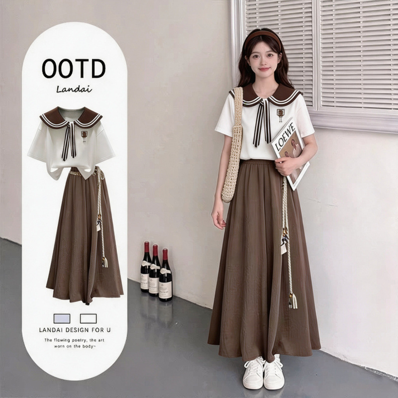 2026 Summer Korean Style Women's Set: Energetic and Youthful Short-Sleeve T-Shirt Top, Slimming and Concealing Skirt and Pants Two-Piece Set