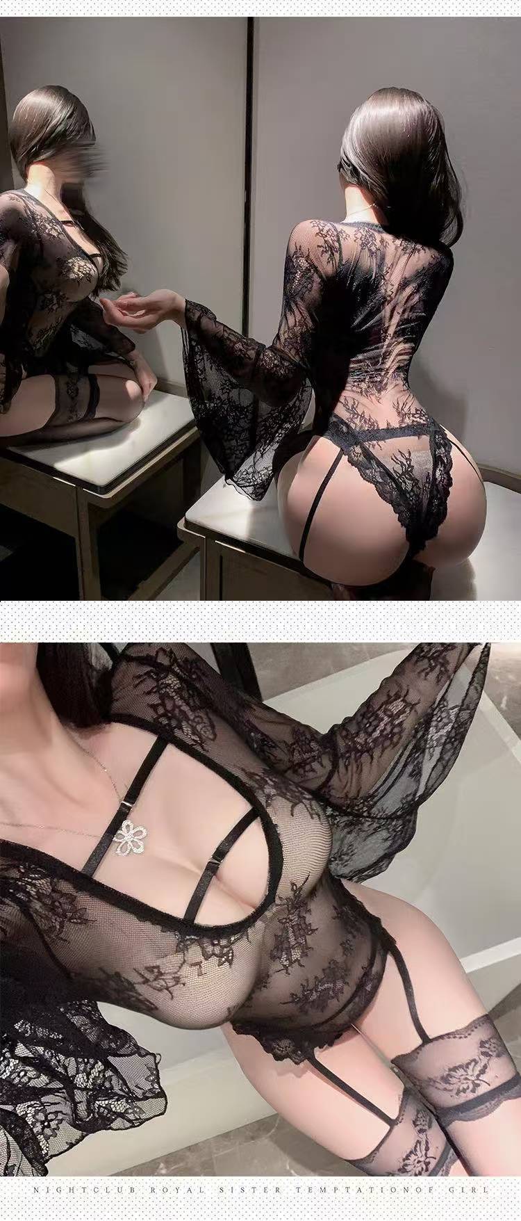 Purple See-Through Lace Mesh Jumpsuit with Deep V and Bell Sleeves — detail image 7