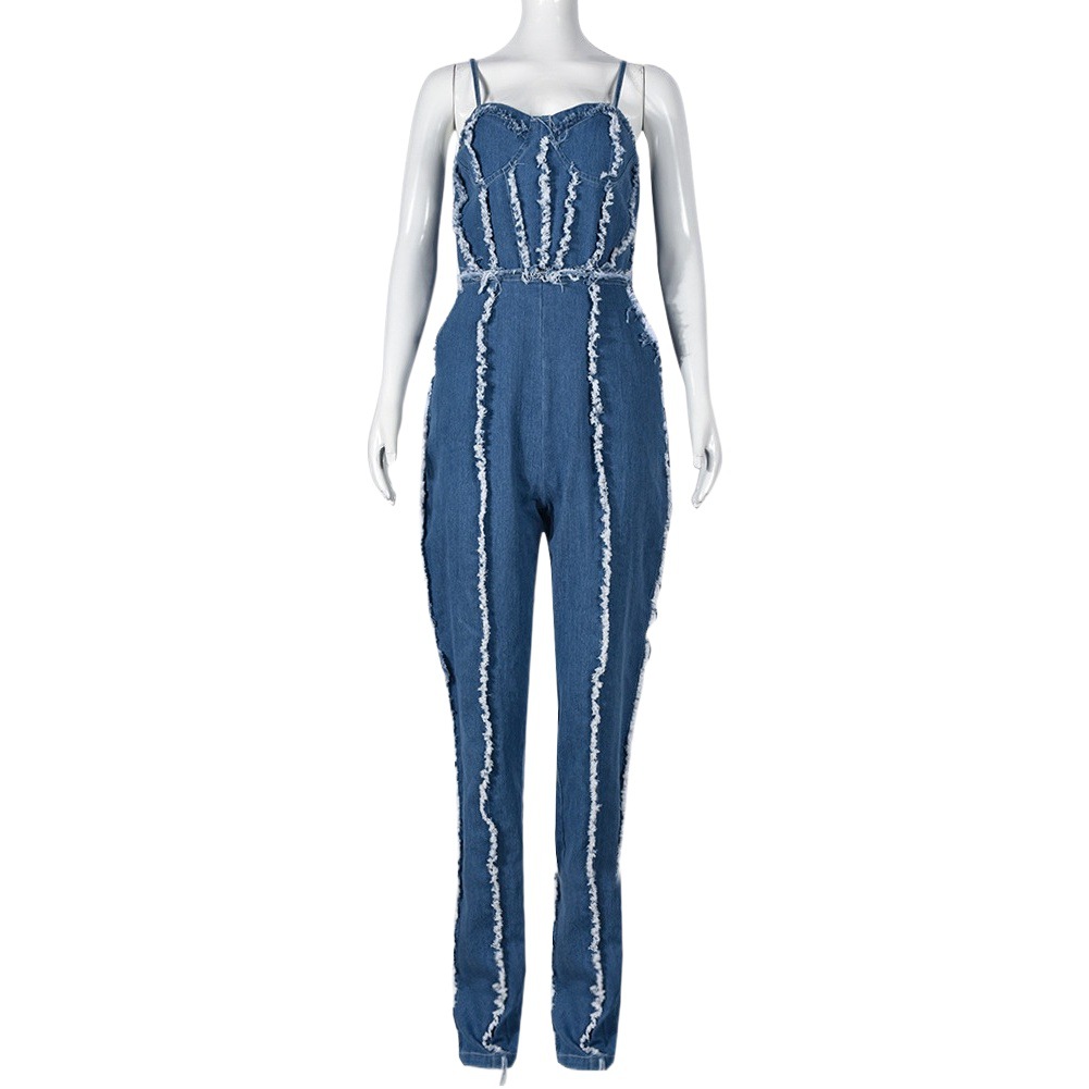 9533JD europeo y americano transfronterizo Amazon popular sexy borla hueco cremallera Correa pecho abrigo Denim mono
